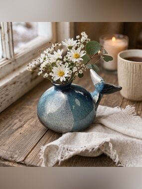 Pottery of Blue/Gray Whale + Fluke Bud Vase. NWOT